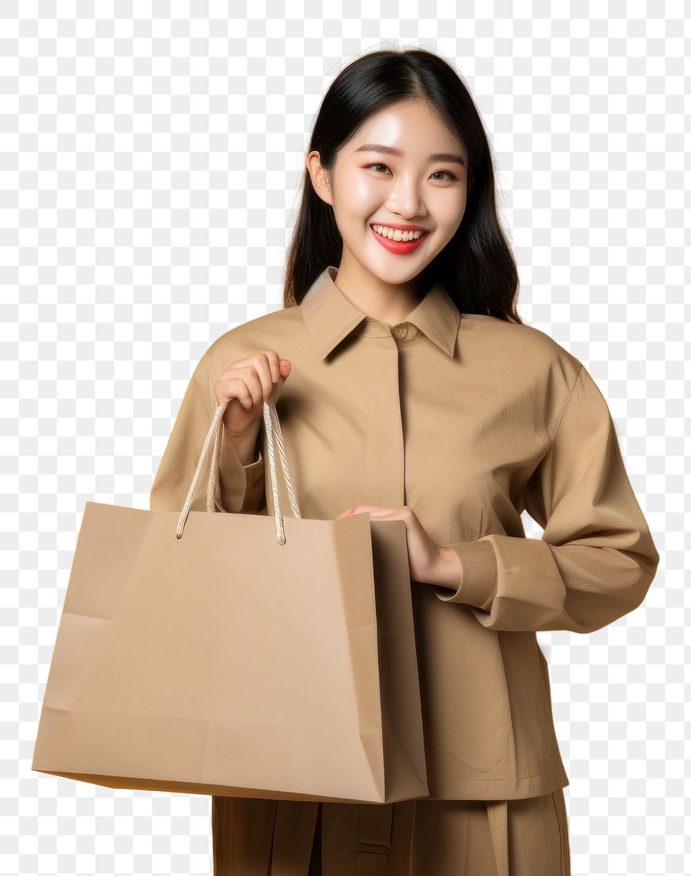 PNG Happily smiling and carrying shopping paper bags handbag coat accessories.