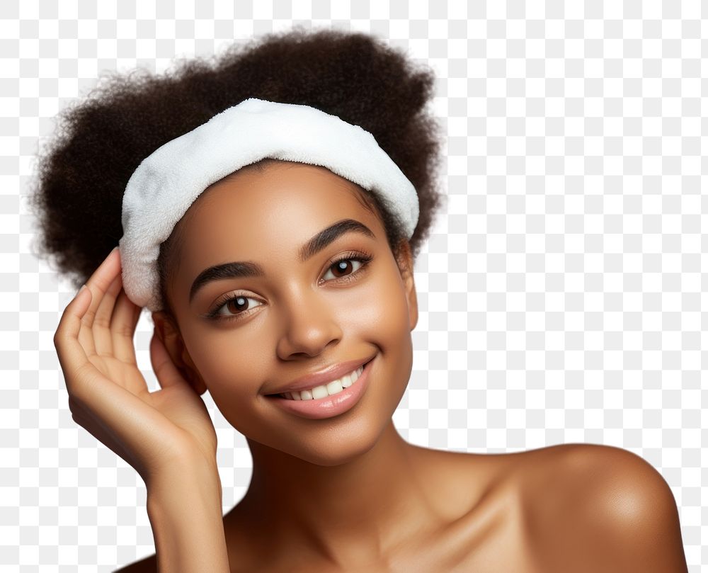 PNG Cleansing her face skin with a cotton pad portrait adult smile.