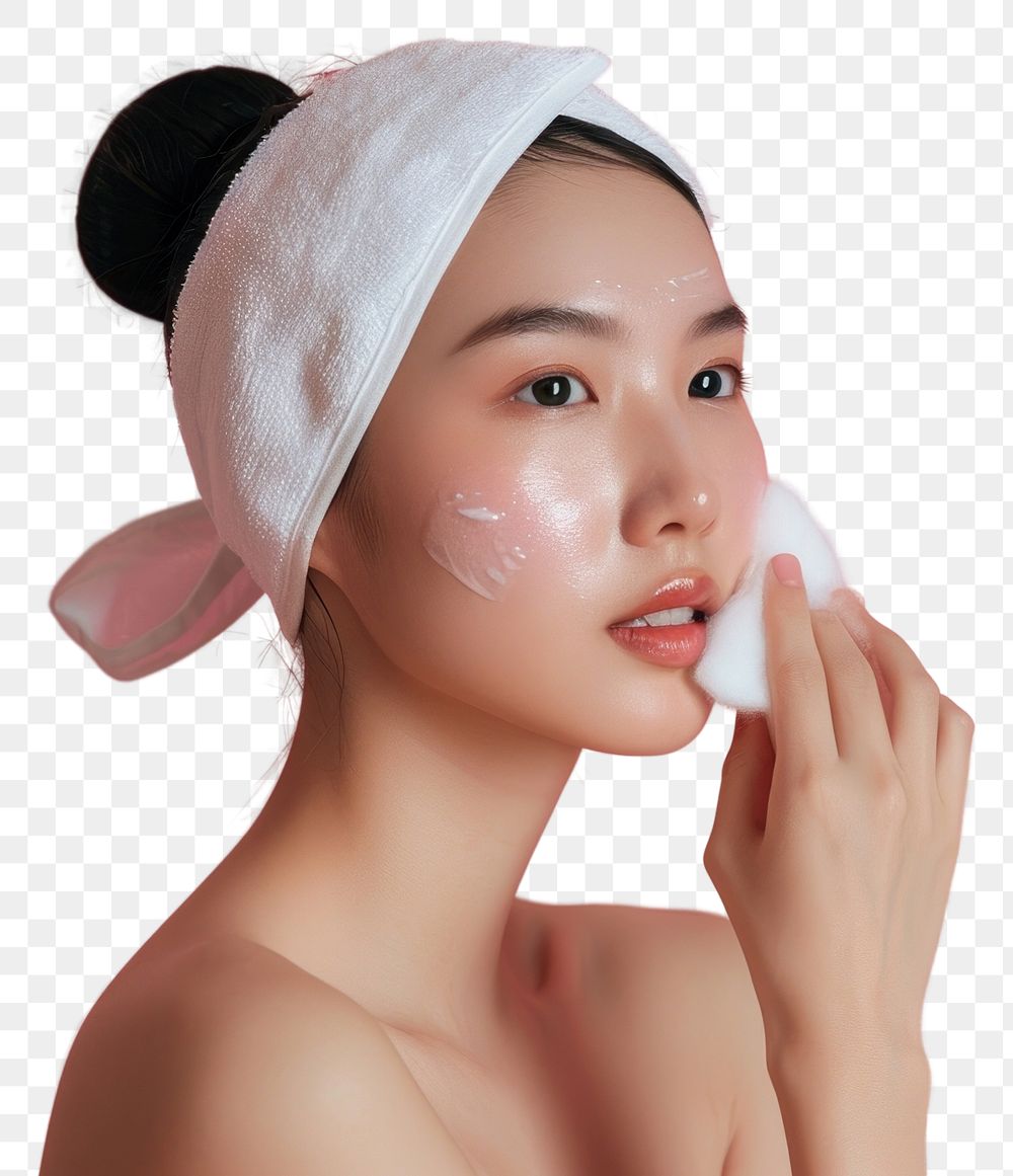 PNG Cleansing her face skin with a cotton pad cosmetics portrait adult.