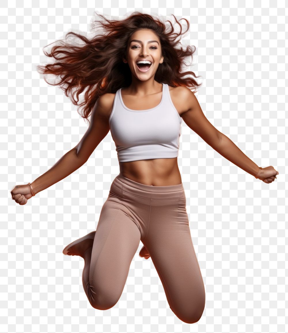 PNG Full-length elastic jumping smiling adult woman.