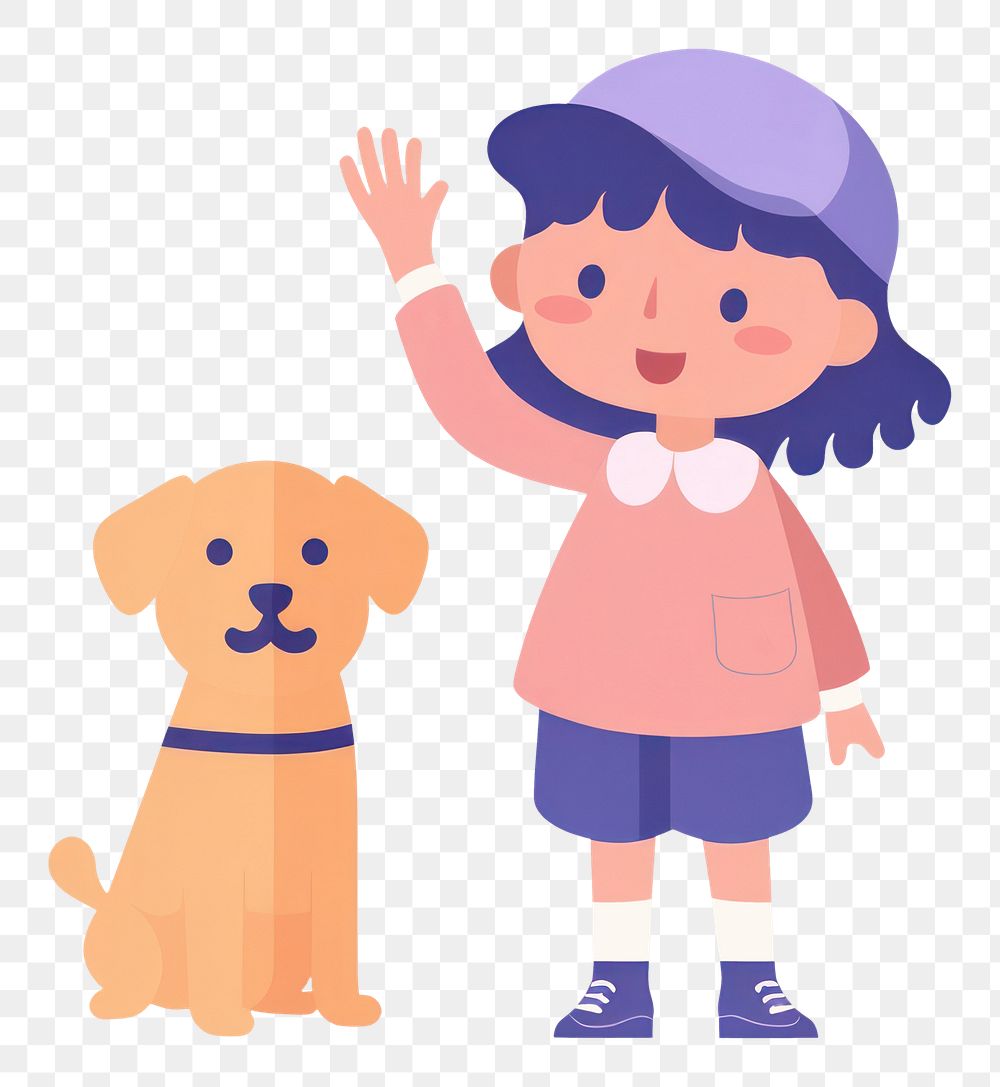 PNG Girl waving dog cartoon mammal. AI generated Image by rawpixel.