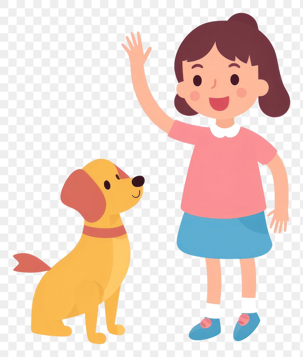 PNG Girl waving dog cartoon mammal. AI generated Image by rawpixel.