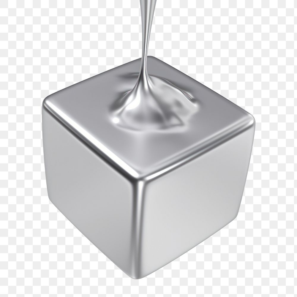 PNG Cube melting dripping silver glass white background.