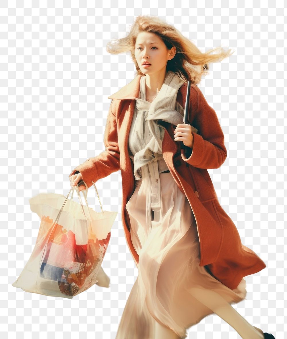 PNG Motion blur middle age woman carrying shopping bag portrait adult coat.
