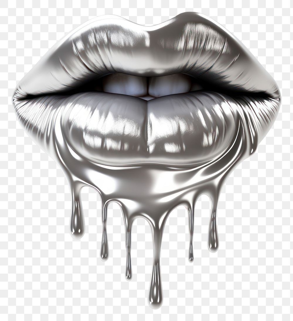 PNG Dripping lips silver white background chrome.