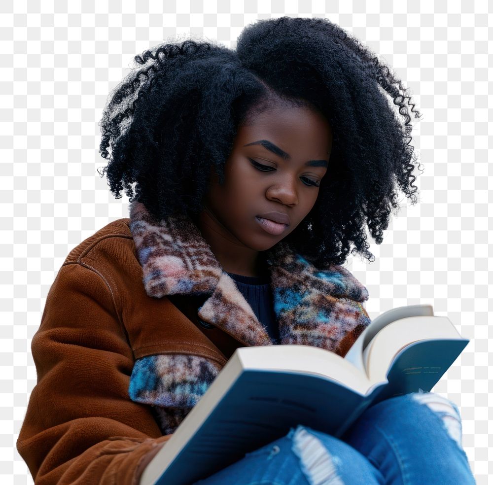 PNG African American teenage reading book contemplation.