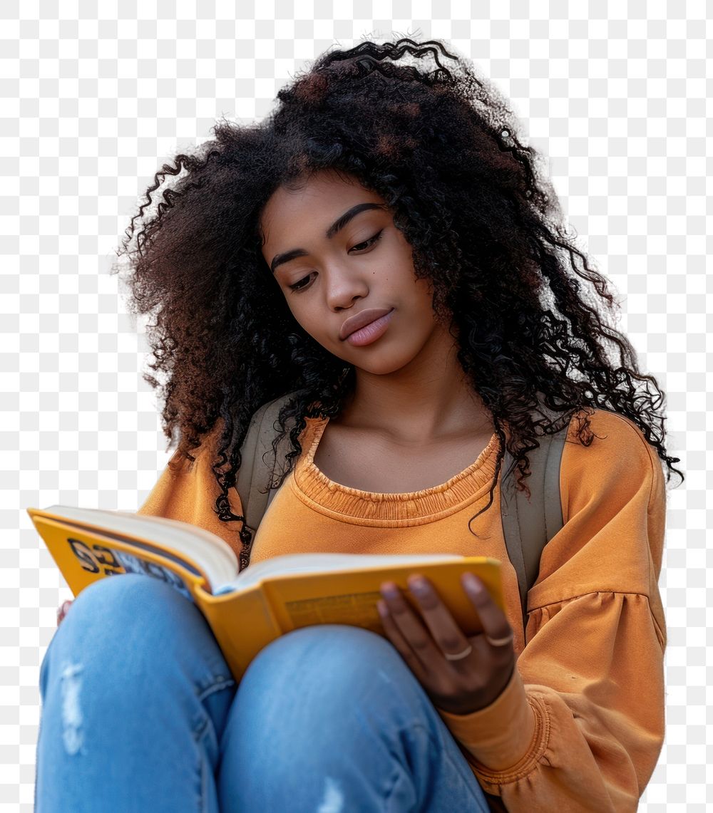 PNG African American teenage reading sitting book.