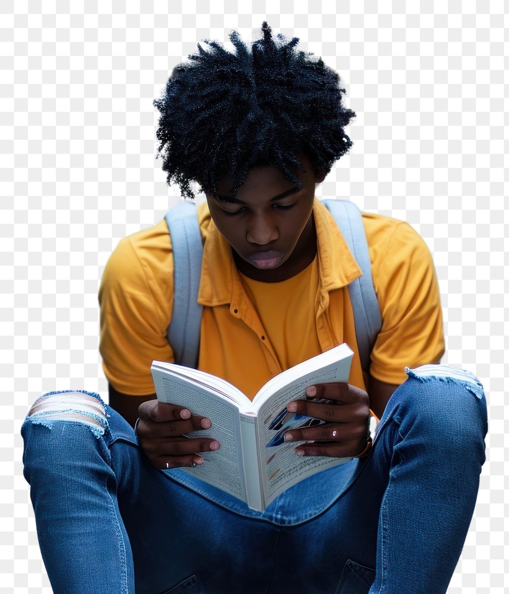 PNG African American teenage reading library book.
