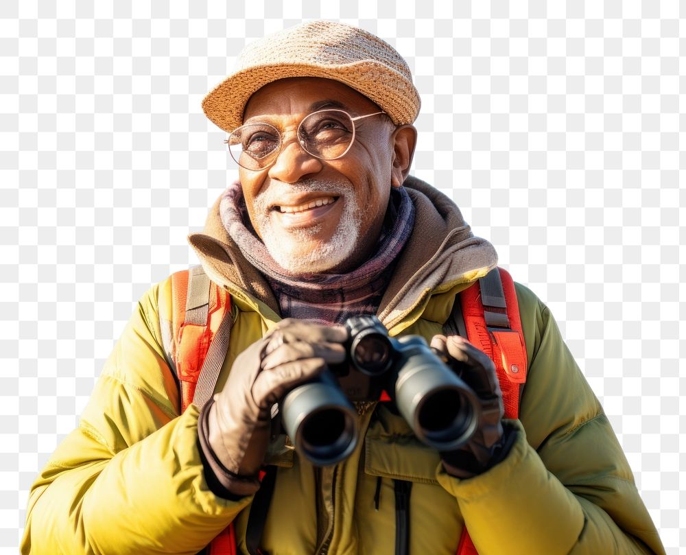 PNG Happy senior african american traveler binoculars standing portrait.