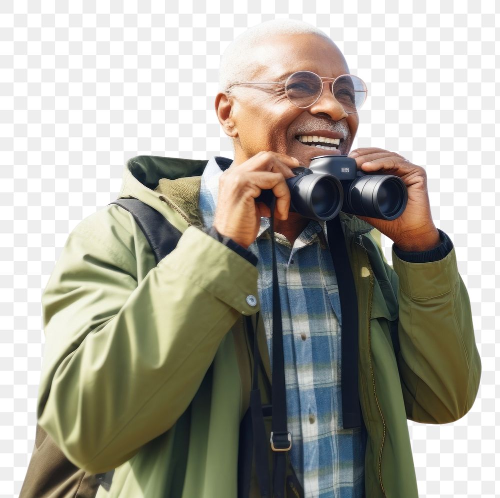 PNG Happy senior african american traveler binoculars standing portrait.