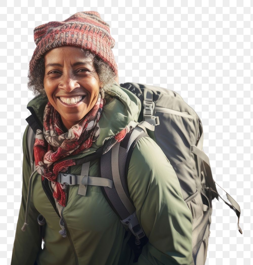 PNG Middle age african american woman backpacker backpacking recreation adventure.