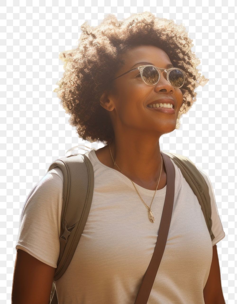 PNG African American middle age woman walking glasses travel.