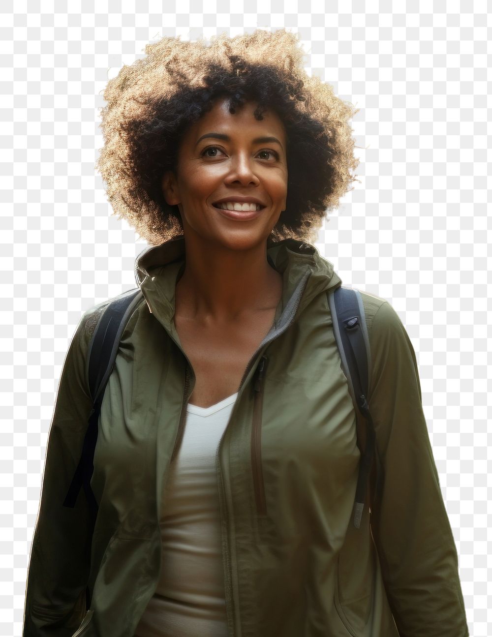 PNG African American middle age woman travel forest smile.