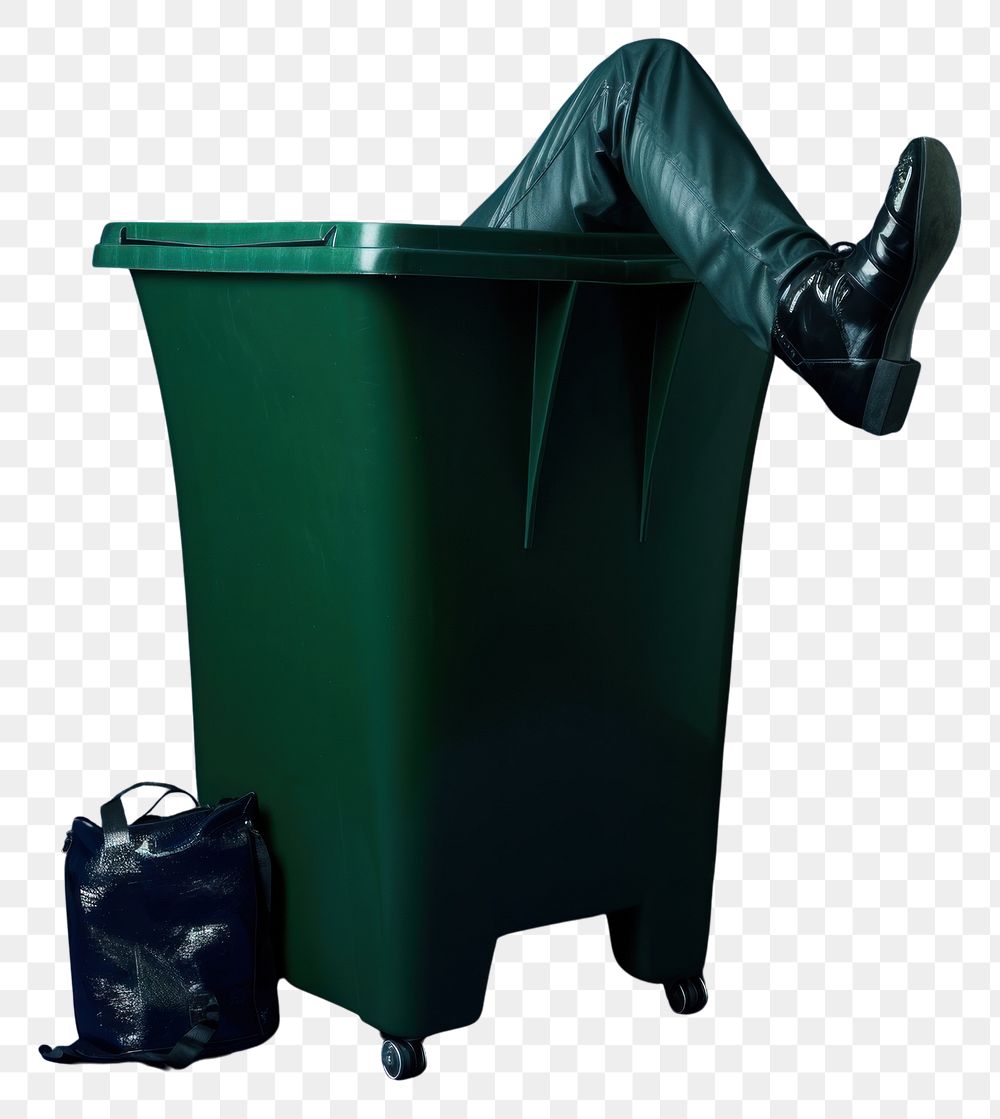 PNG Legs lying on a trash bin green blue accessories.