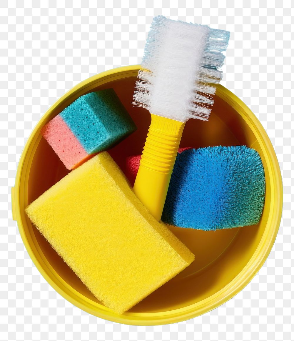 PNG  Bucket of cleaning products brush toothbrush container. AI generated Image by rawpixel.