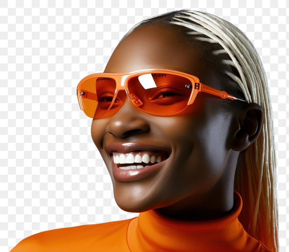 PNG Blond hair black young woman smiling wearing a white sunglasses exposing her eyes smile portrait fashion.