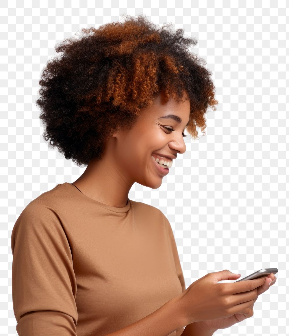 PNG Smiling young lady with small afro hair holding adult phone.
