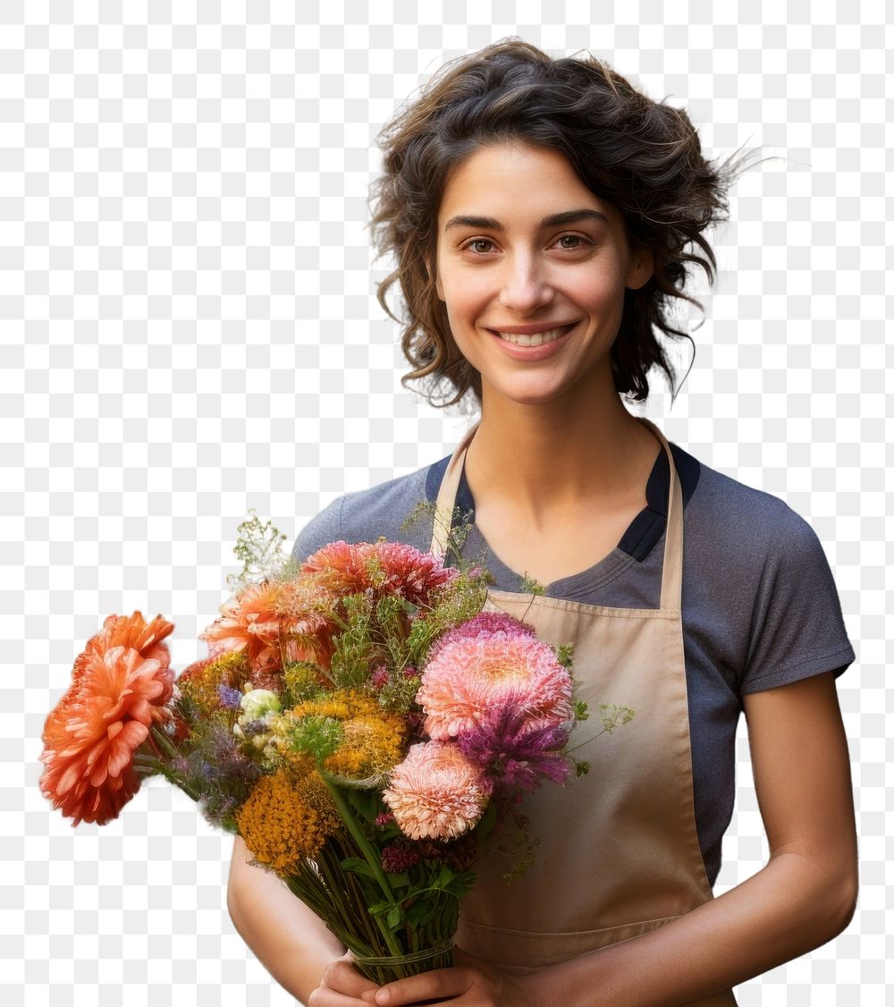 PNG  Woman in apron holding a bouquet of flowers smile store plant.