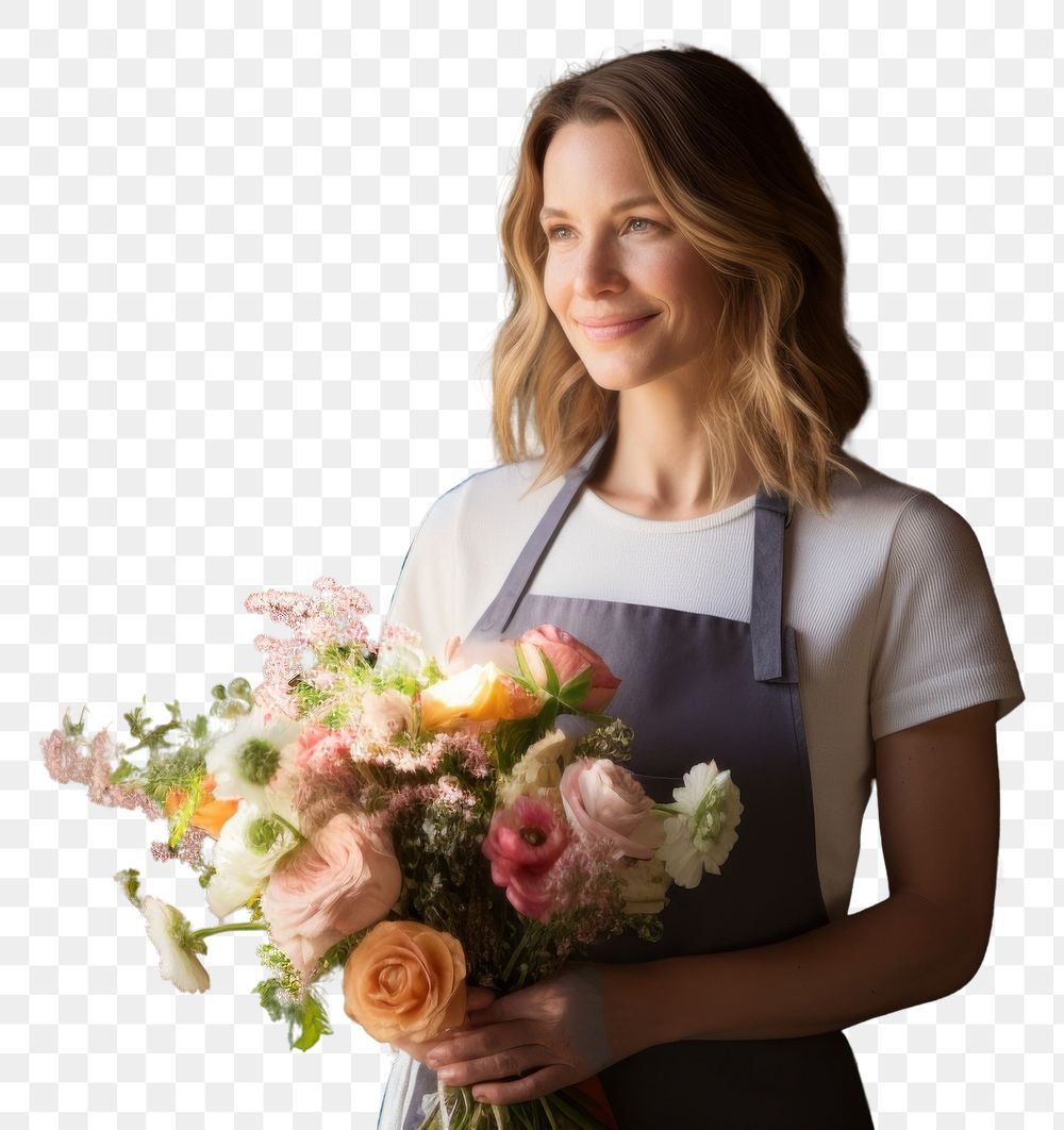 PNG  Woman in apron holding a bouquet of flowers adult plant store.