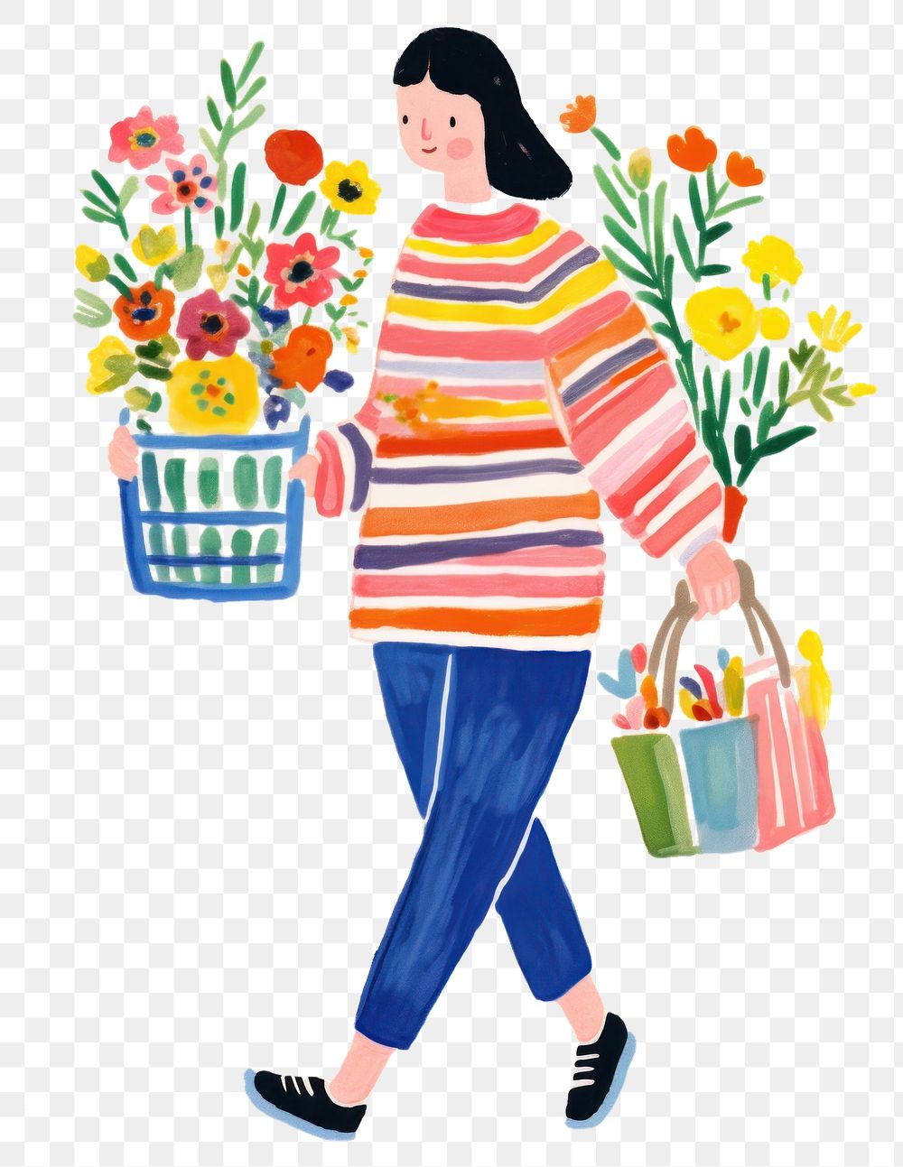 PNG  A cartoon cat holding a bunch of flowers shopping painting walking. AI generated Image by rawpixel.