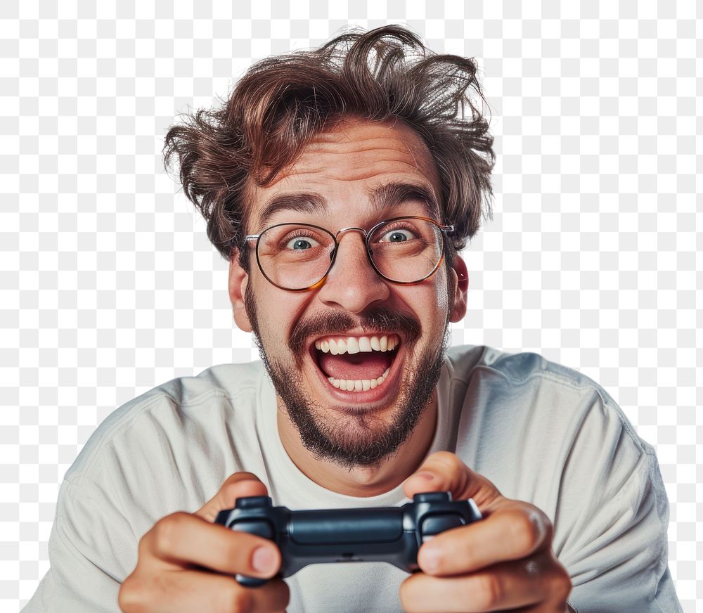 PNG  Man with joystick shouting laughing adult.