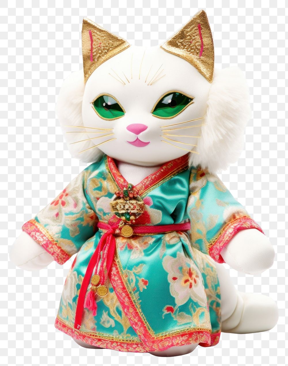 PNG Stuffed doll cat wearing chinese dress white cute toy.