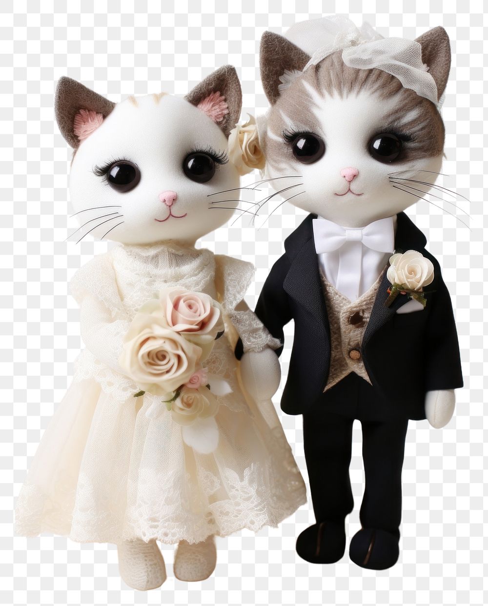 PNG Stuffed doll cats wearing wedding clothe figurine animal mammal.