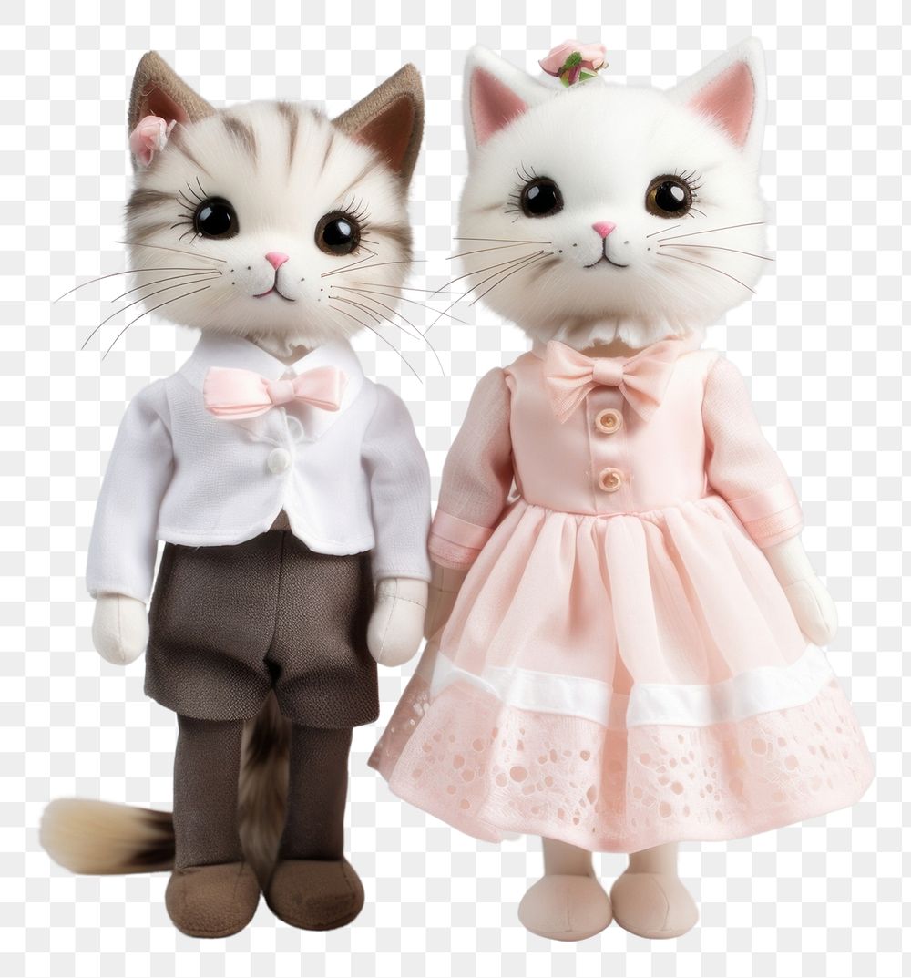 PNG Stuffed doll cats wearing wedding mammal animal white.
