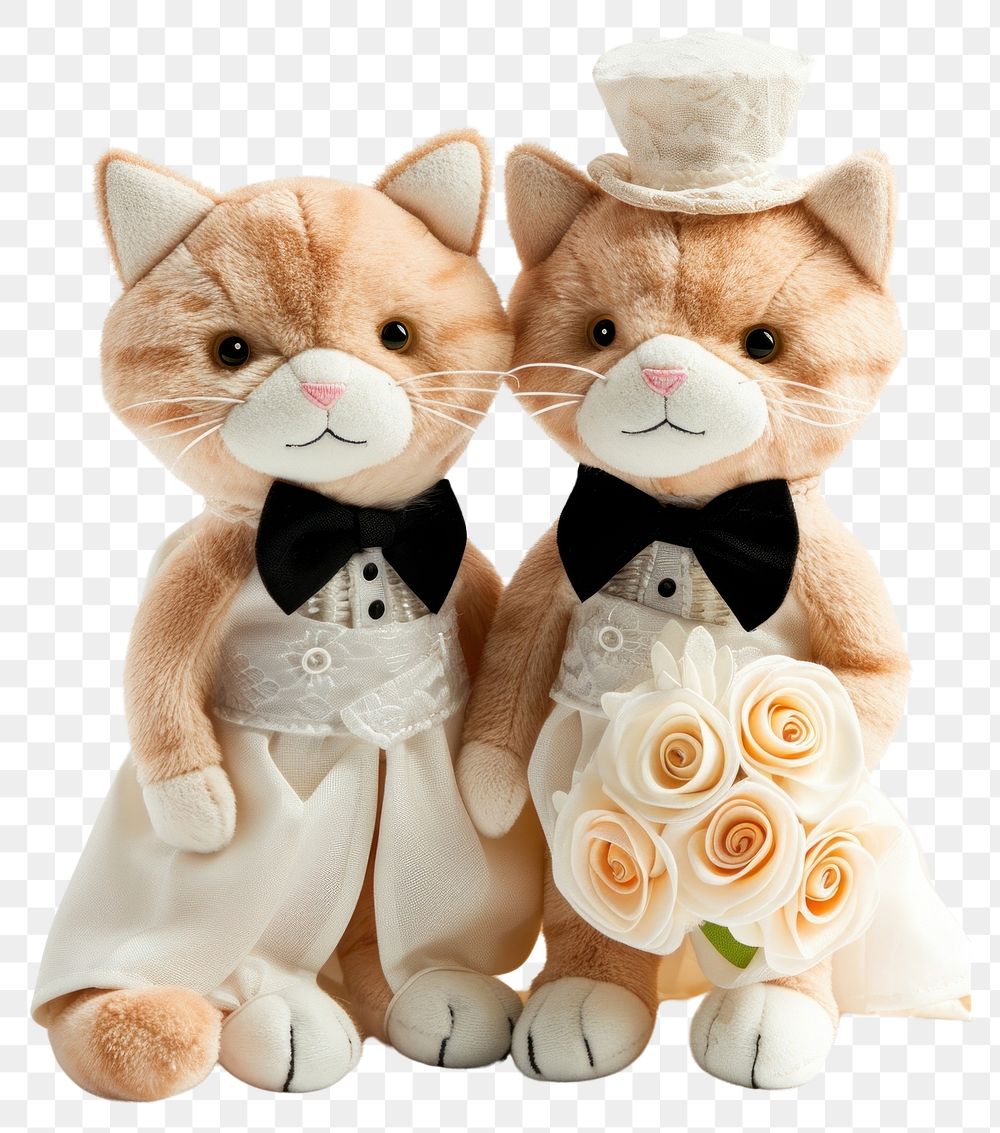 PNG Stuffed doll cats wearing wedding clothe plush cute toy.