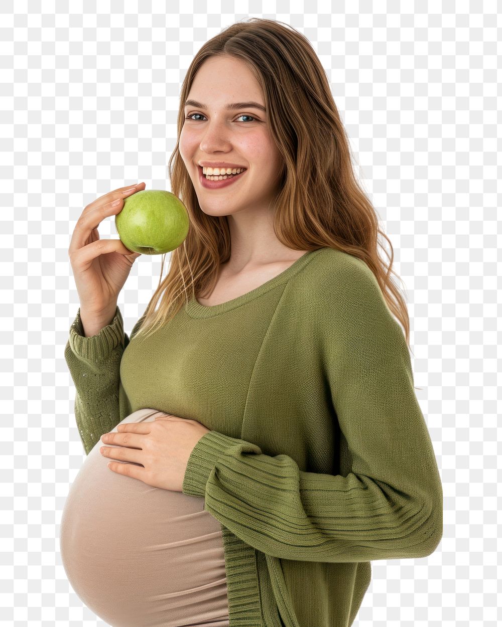 PNG  Pregnant british woman portrait apple smiling.