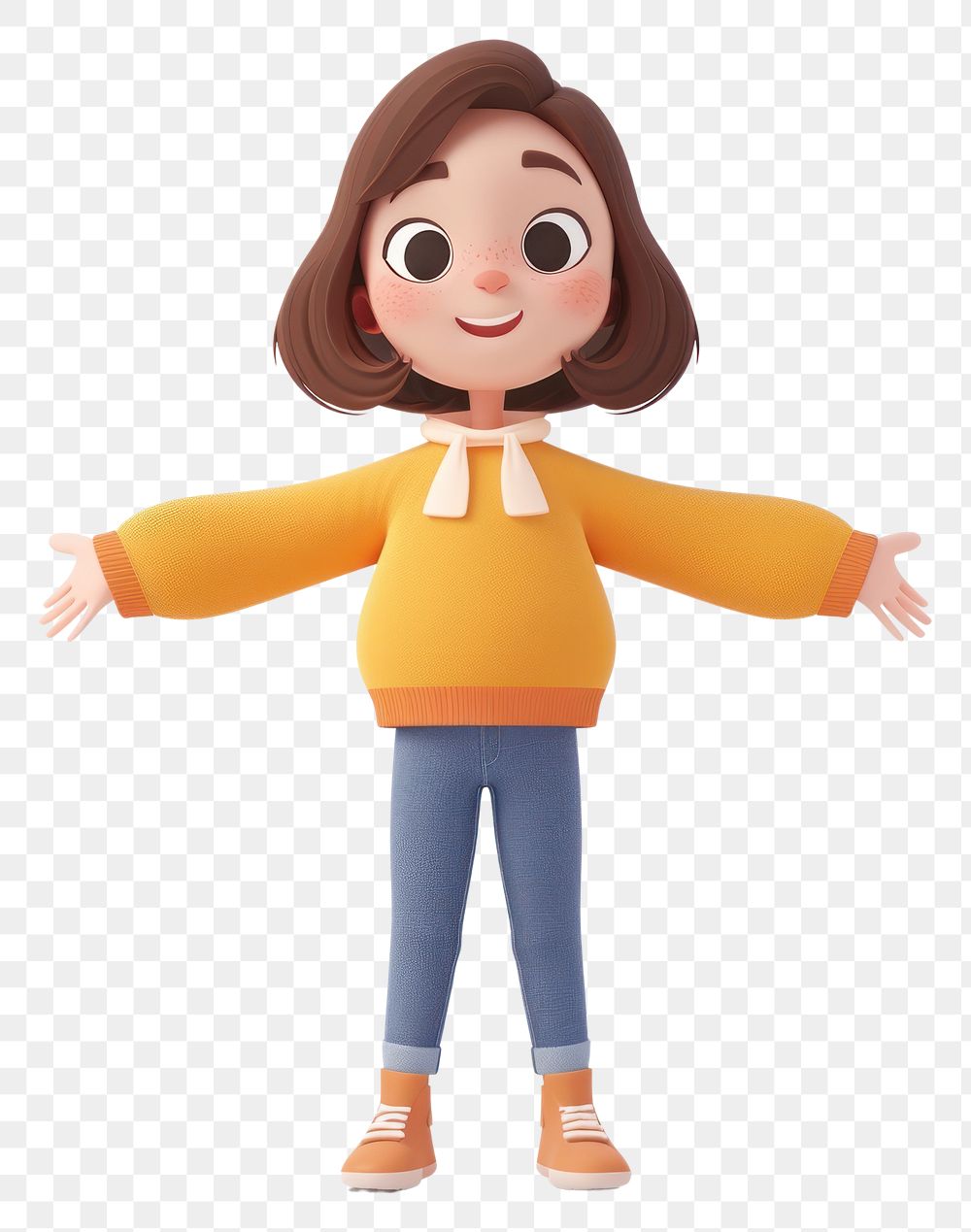 PNG  A girl standing and spread arms out cartoon toy white background.