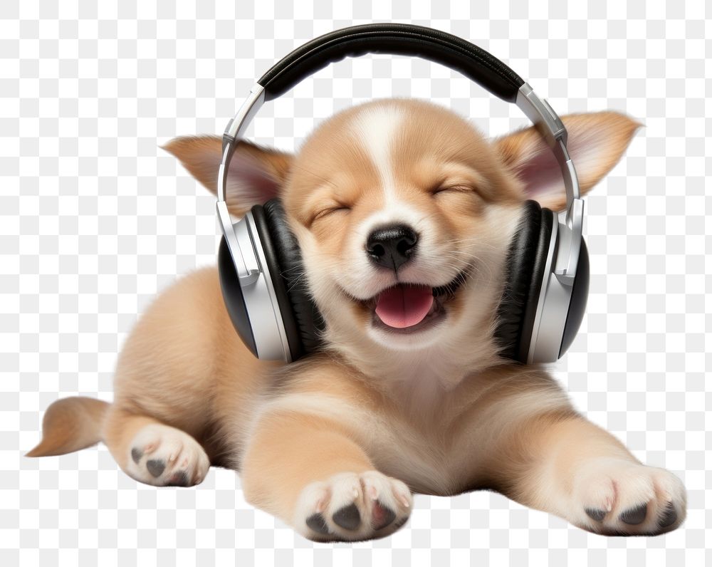 PNG  An Adorable dog sleep and wearing headphones headset mammal puppy.