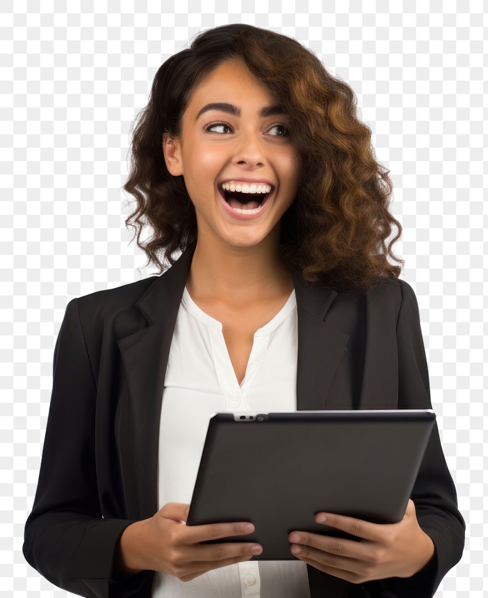 PNG Young latin woman laughing computer portrait