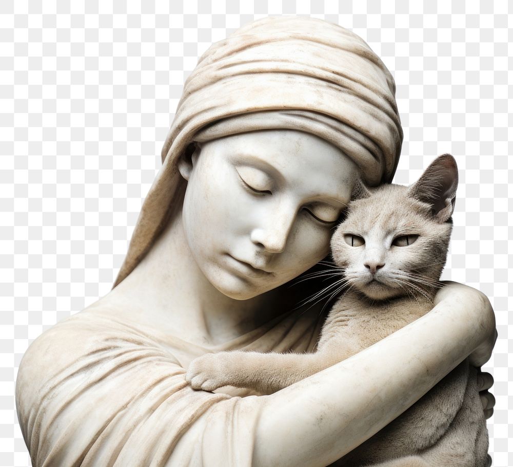 PNG  Greek sculpture hugging cat portrait animal mammal.
