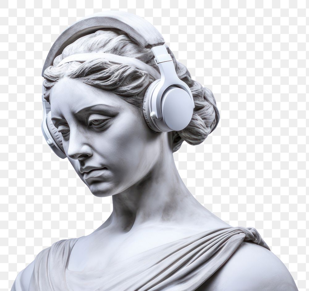 PNG  Greek sculpture listening to music portrait statue headphones.