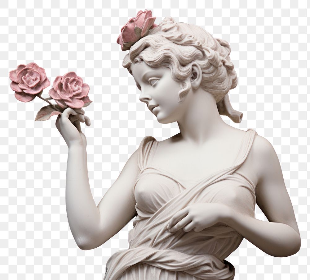 PNG  Greek sculpture holding rose statue portrait flower.
