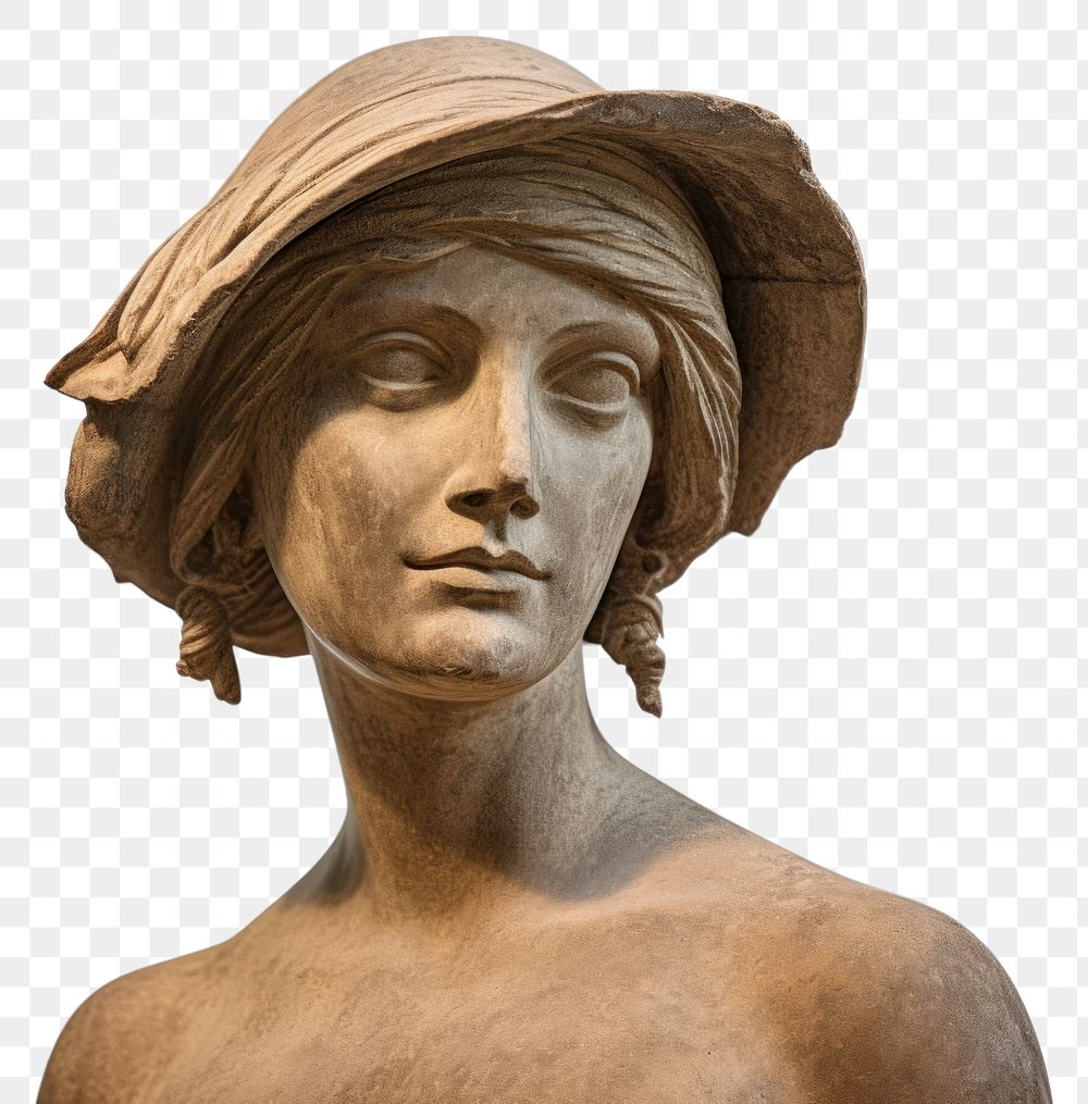PNG  Greek sculpture wearing hat statue portrait art.