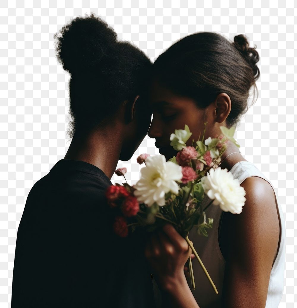 PNG A black woman holding flower bonquet hugging another woman portrait wedding adult.