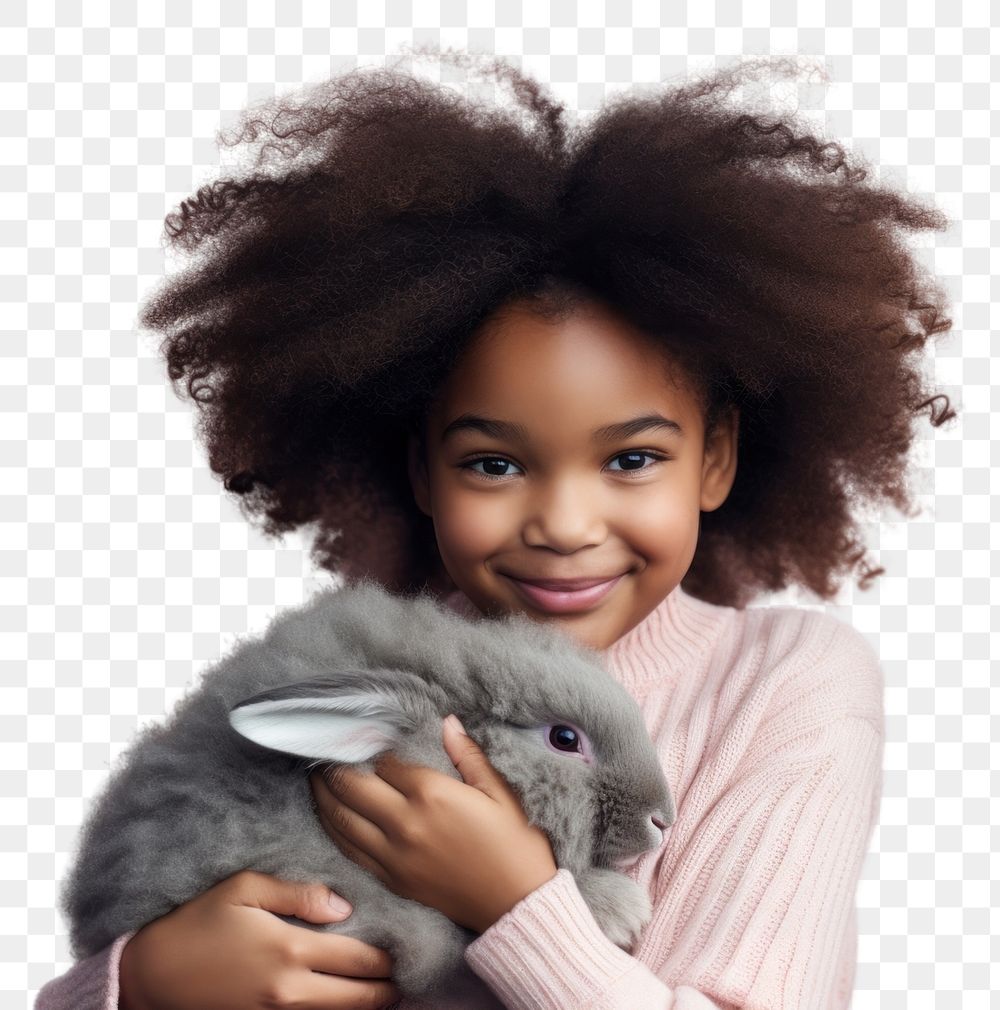 PNG  Girl hugging rabbit portrait animal mammal. AI generated Image by rawpixel.