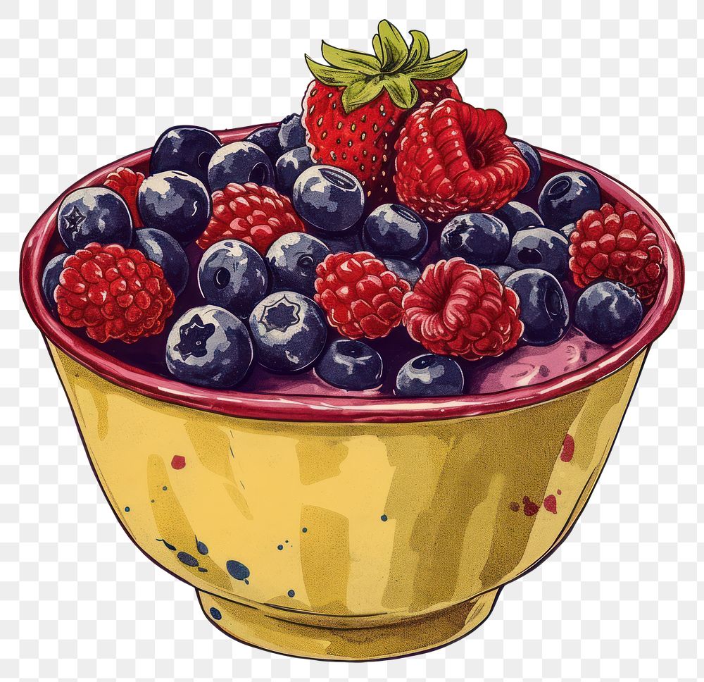 PNG Vintage illustration acai bowl raspberry blueberry dessert.