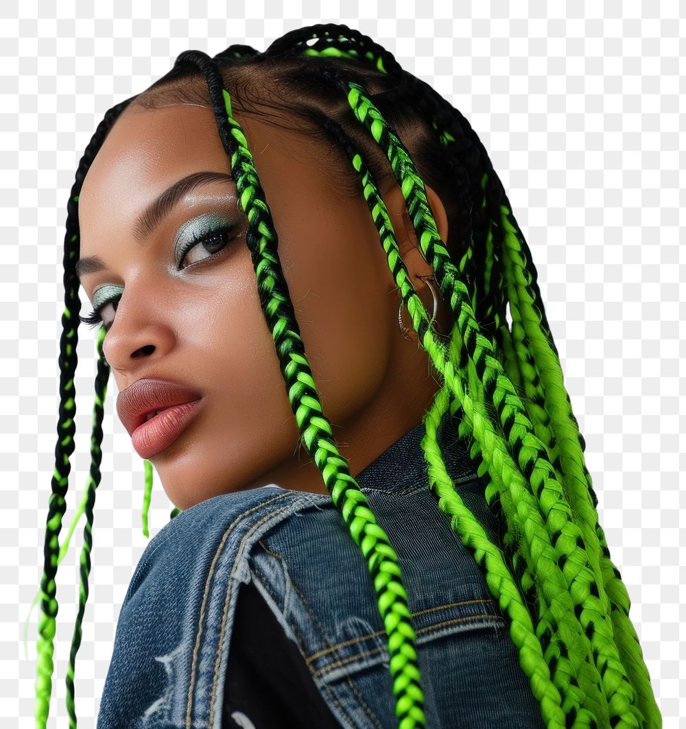 PNG European young woman with vivid green black braids hair portrait fashion dreadlocks.