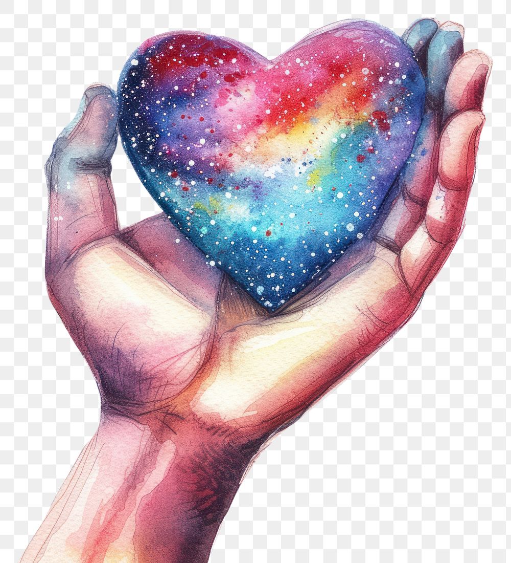 PNG Hand holding heart in Watercolor style galaxy human star.