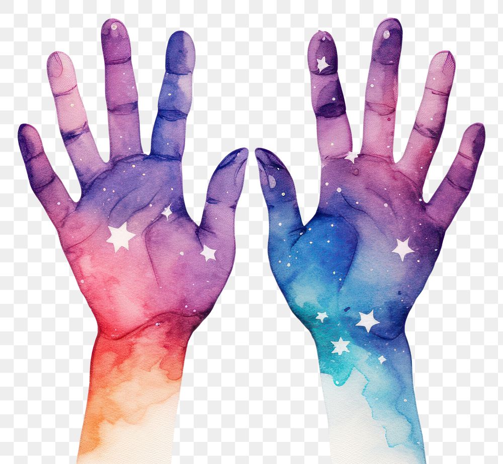 PNG 2 hands spread out in Watercolor style finger purple human.