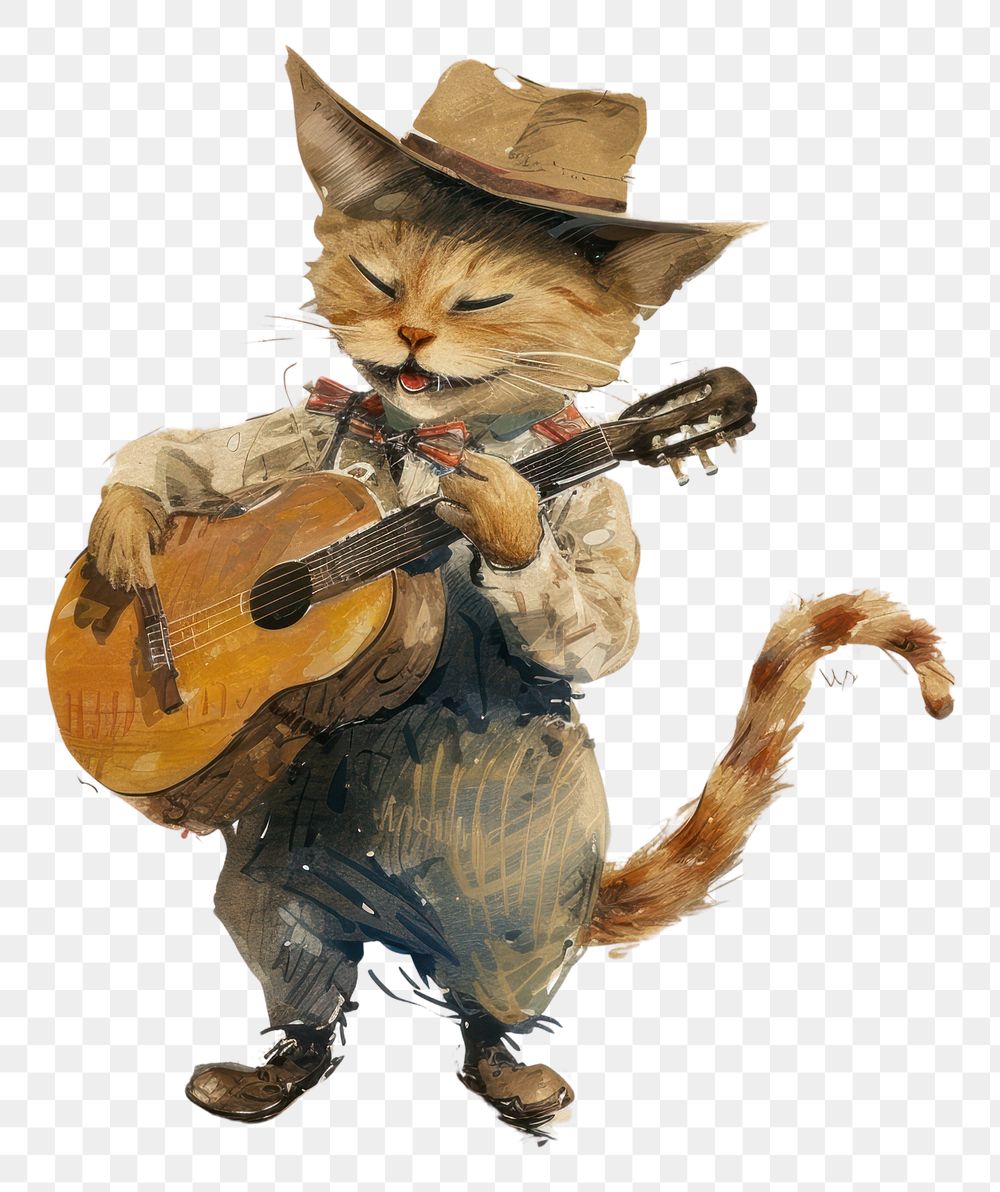 PNG Vintage illustration of a happy alleycat guitar musician mammal.