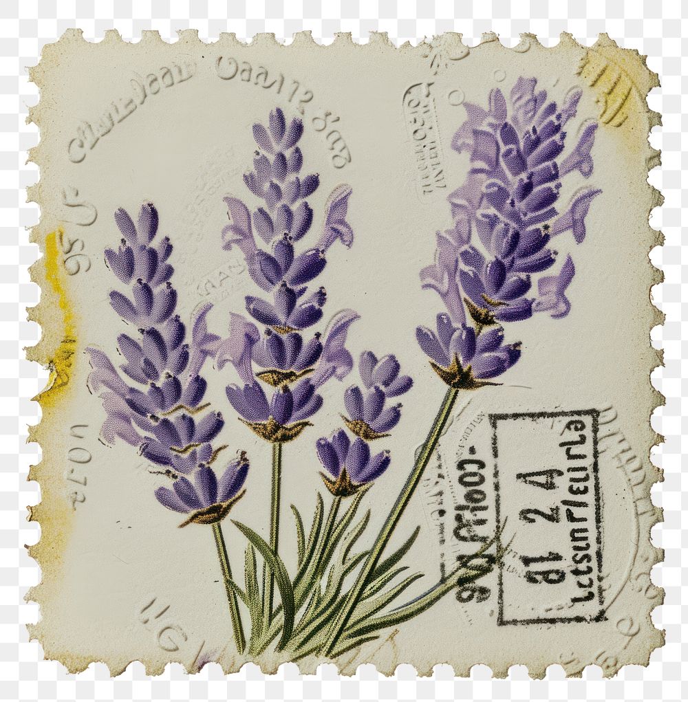 PNG Vintage postage stamp with lavender flower plant inflorescence.