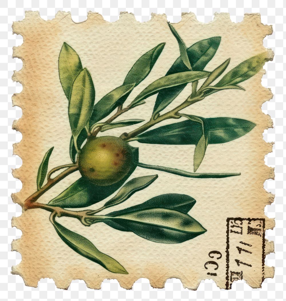 PNG Vintage postage stamp with olive branch plant paper food.