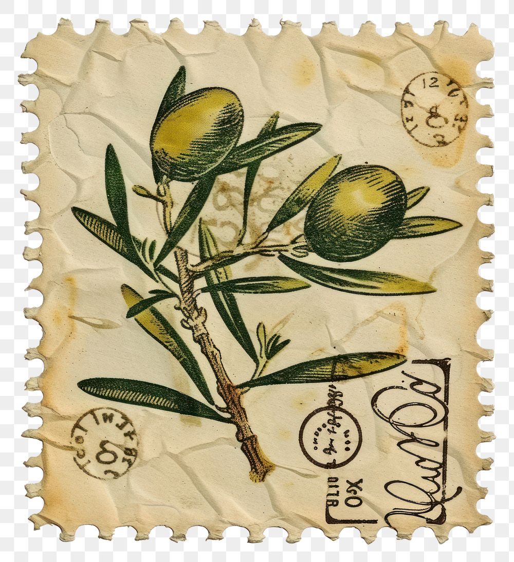 PNG Vintage postage stamp with olive branch plant paper calligraphy.