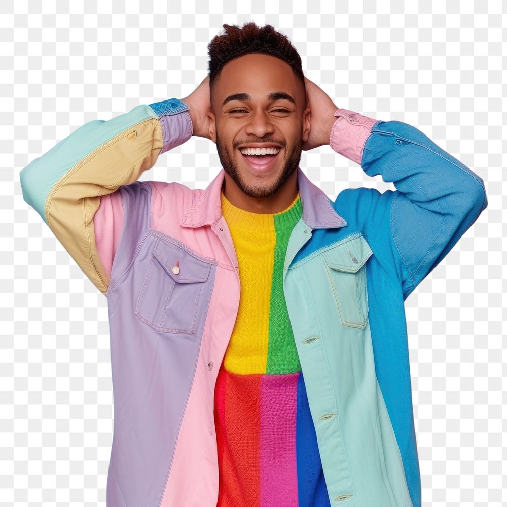 PNG Cool LGBT young black man with fashionable clothing style full body on colored background laughing smile adult.