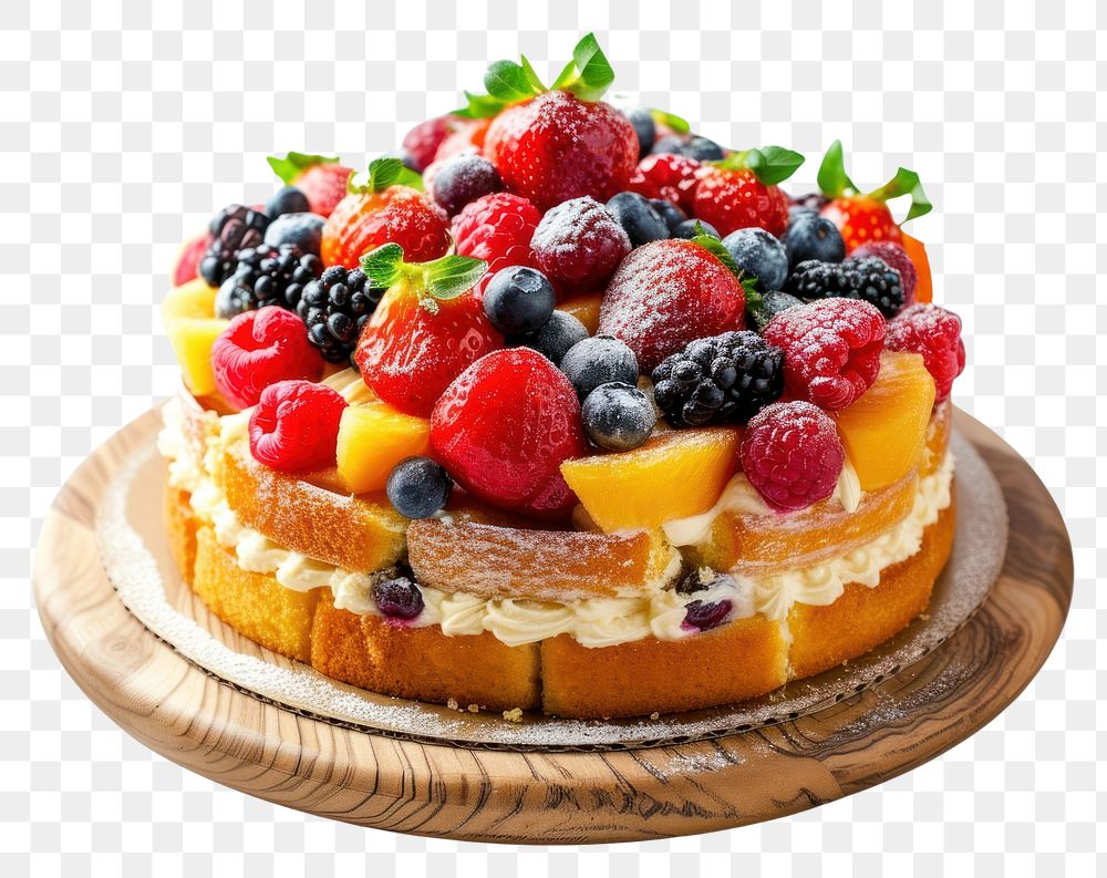 PNG Fruit cake on wood board fruit raspberry blueberry.