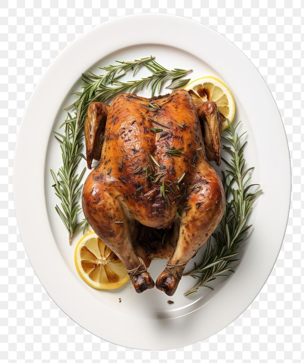 PNG Roasted roast chicken with rosemary and sage spray on a white plate bird dinner meat.